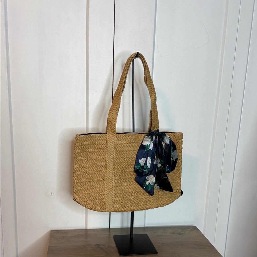 Draper James | Tan Woven Tote Bag with Floral Scarf Accent - Blue interior